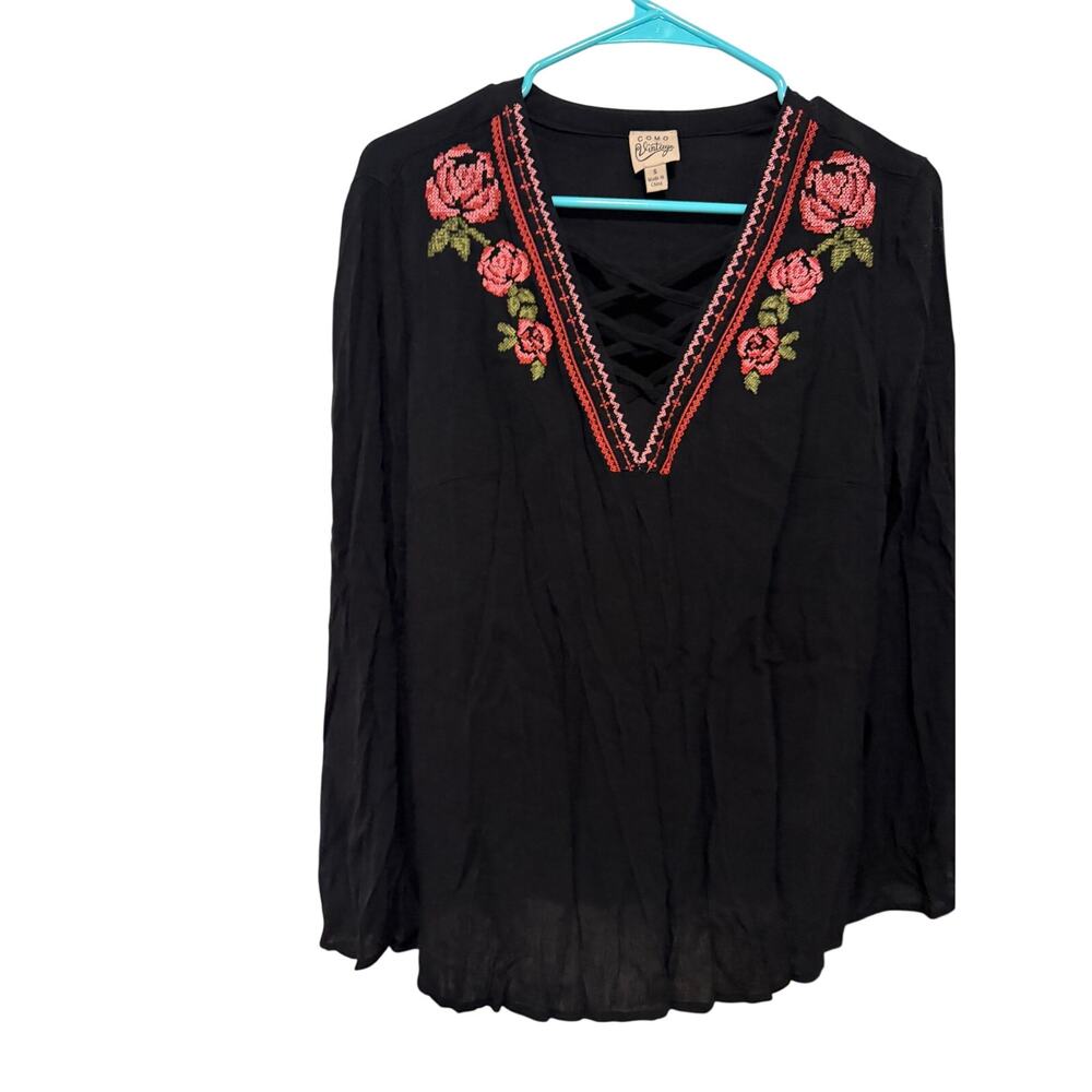 Como Vintage Women's Small Black Pink V-Neck Cross Stitch Floral Blouse